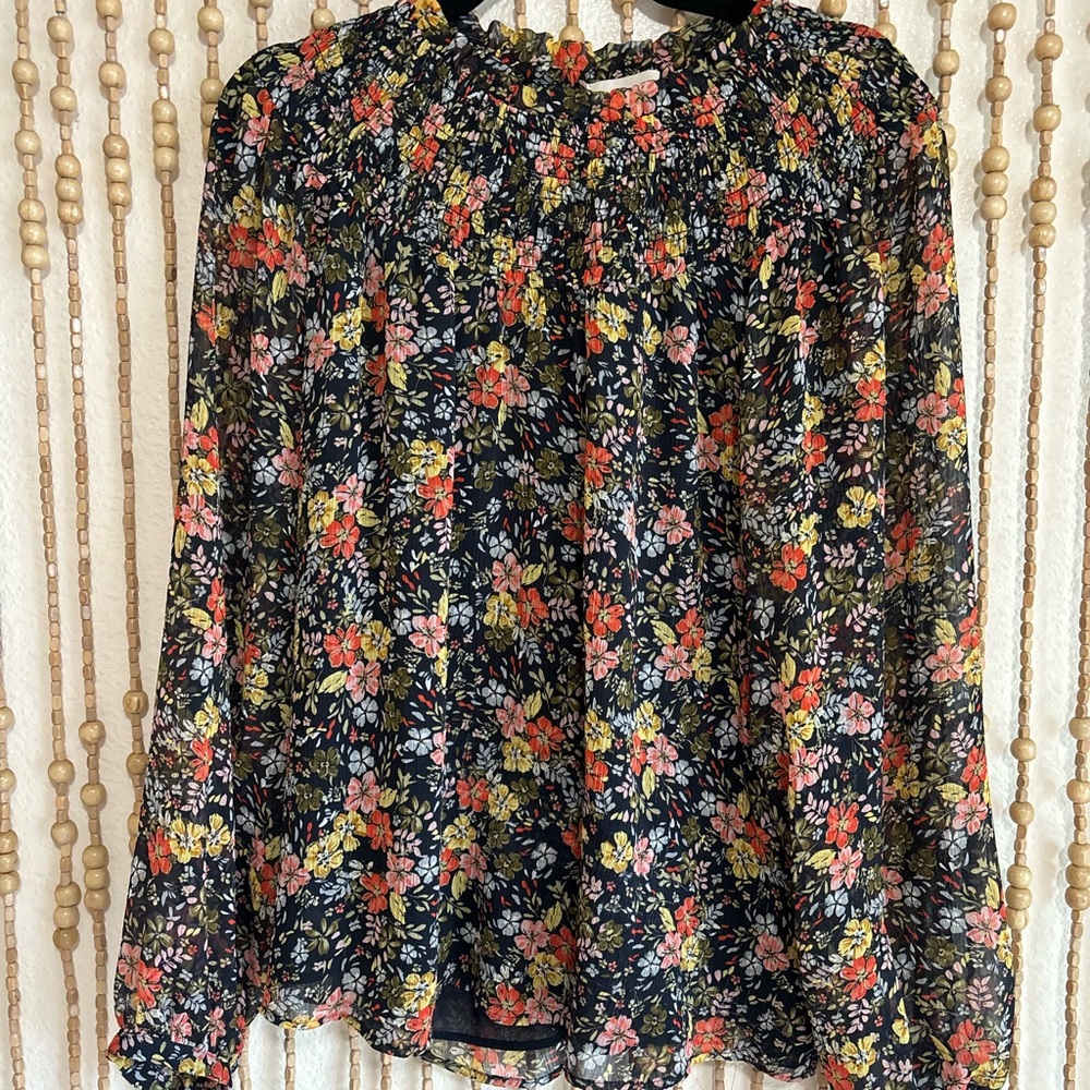 LOFT Black Multi Color Floral Smocked Lightweight Long Sleeve Boho Peasant Top M